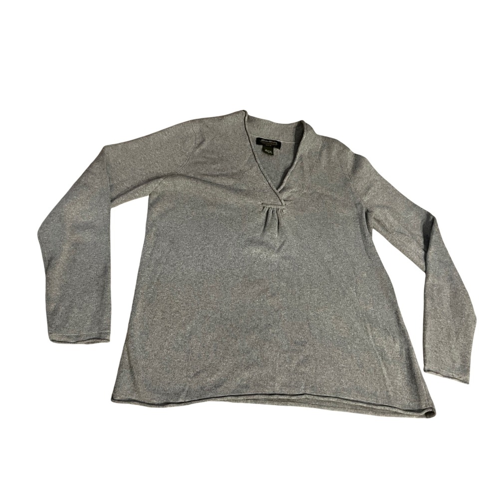 Eddie Bauer Womens Gray Split V-Neck Long Sleeve Cotton Blend Knit Sweater Med